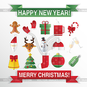 Christmas icons, flat style. Square buttons with Ne - vector image