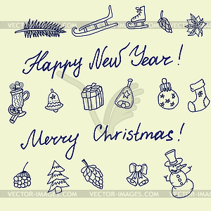 Christmas sketch. Congratulations with New year in - vector clip art