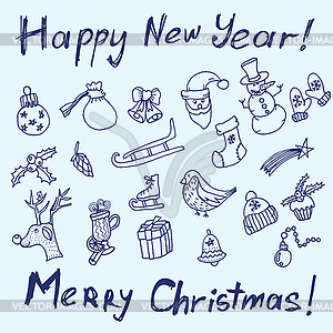 Christmas sketch. Congratulations with New year in - vector clipart