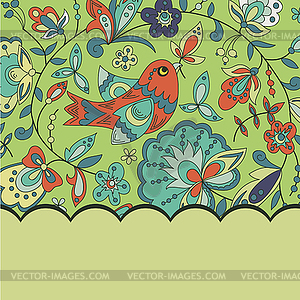 Postcard for text with bird, leaves and flower - vector image