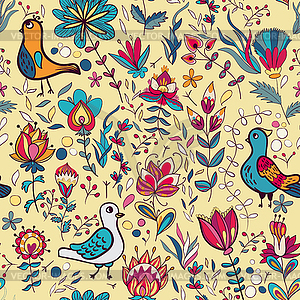 Seamless floral pattern with birds and flowers - royalty-free vector clipart