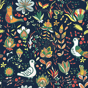 Seamless floral pattern with birds and flowers - vector clipart