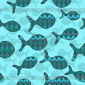 Seamless pattern with fish on blue background - vector image