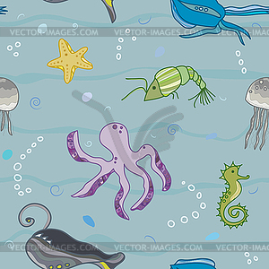 Pattern with inhabitants of marine world - color vector clipart