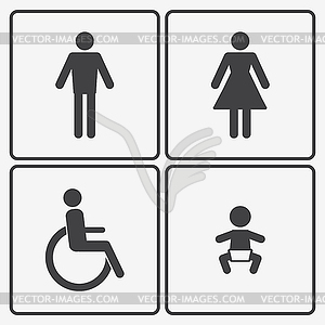 Уборной иконки: дама, мужчина, ребенок и инвалидность - векторный графический клипарт
