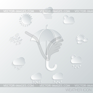 Paper icon, umbrella and weather symbols - vector clipart