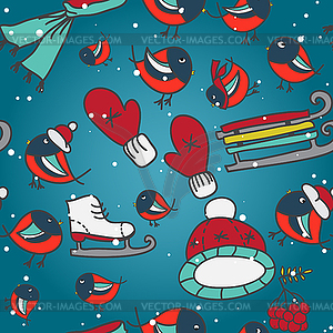 Winter seamless texture with bullfinches and sleds - vector clipart