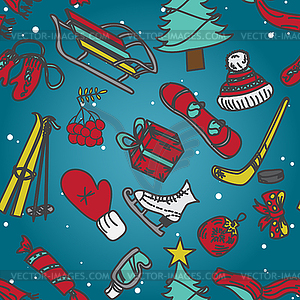 Winter seamless texture with skates sleds mittens - vector clip art