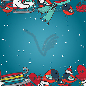 Winter seamless border with bullfinches and sleds - vector clip art