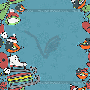 Winter seamless border with bullfinches and sleds - vector clipart