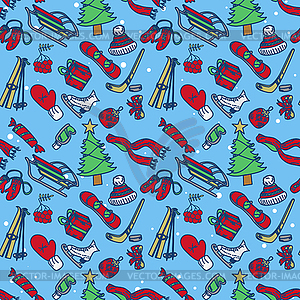 Winter seamless texture with skates sleds mittens - vector clipart