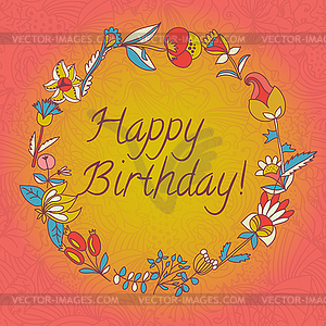 Happy birthday greeting card. circle floral frame - vector clip art