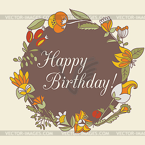 Happy birthday greeting card. circle floral frame - vector clipart