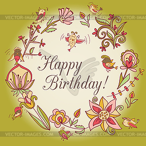 Happy birthday greeting card. circle floral frame - vector clip art