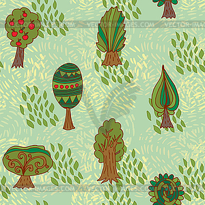 Seamless hand-drawn pattern with doodle forest tree - vector clipart