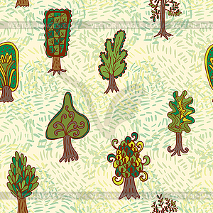 Бесшовные рисованной фон с каракули лесных деревьев - векторный дизайн