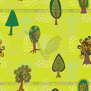 Seamless hand-drawn pattern with doodle forest tree - vector clip art