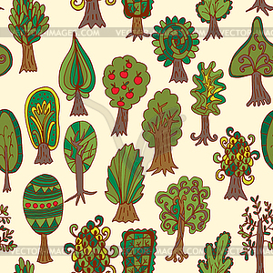 Seamless hand-drawn pattern with doodle forest tree - vector image