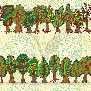 Seamless hand-drawn pattern with doodle forest tree - vector image