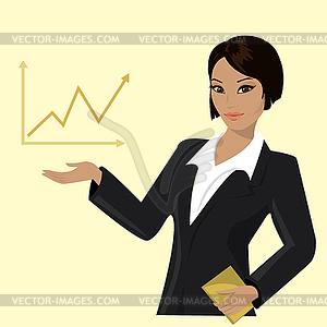 Asian business woman pointing to business trends - vector clipart