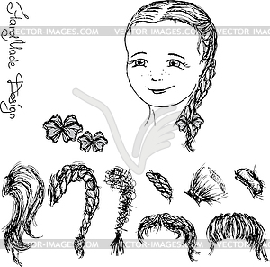 Face and hairstyle girl painted by hand, - vector clip art