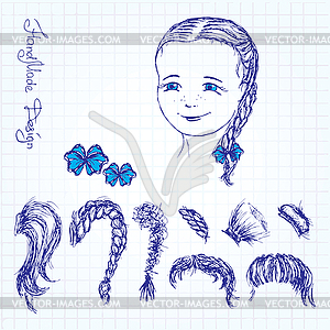 Face and hairstyle girl painted by hand, - vector clipart