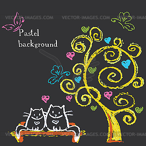 Cute cats sit on bench under tree with hearts - vector clip art