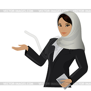 Asian business woman pointing to business trends - vector image