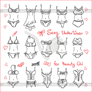 Set ladies sexy underwear, hand-drawn - vector clip art