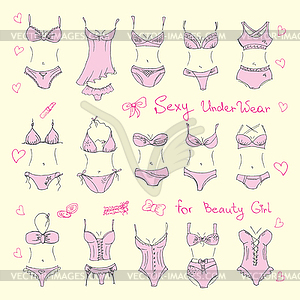 Set ladies sexy underwear, hand-drawn - vector clipart / vector image