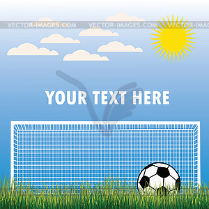 Soccer ball lying on grass, on background of sky an - vector clipart