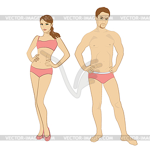 Beautiful young man and woman in lingerie on white - vector image