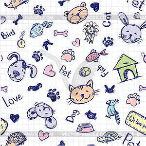 Seamless pet pattern, hand drawing - vector clipart