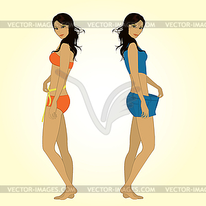 One girl measuring herself measuring tape, other - vector image