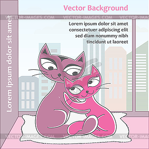 Two cats sitting on window on background of city - vector clipart
