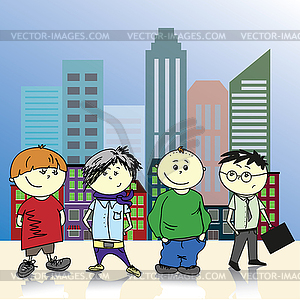 Four teenage boy on background of city, illustratio - vector clipart