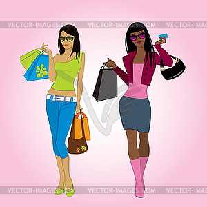 Two shopping girls,  - royalty-free vector clipart