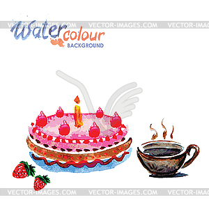 Торт и чашка чая на белом фоне с пространством для - рисунок в векторе