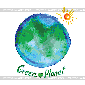 Green planet, watercolor style - vector clip art