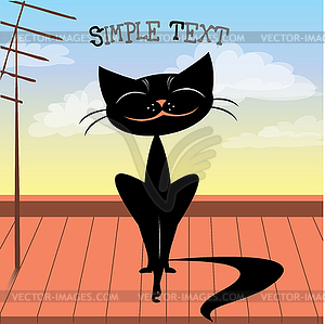 Cute black cat on roof - vector image