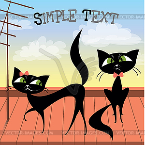 Lovely couple of black cats on roof - vector clipart