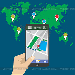 Hand holding smart phone, gps map on mobile - vector clipart