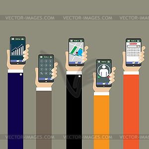 Mobile applications concept. Hand with phones, flat - vector clipart