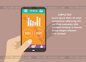 Hand holding smart phone, graphics, buttons, buy an - vector clipart