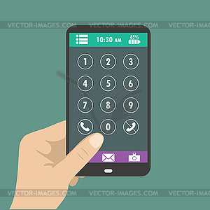 Hand holding smart phone, dial buttons on screen - vector clipart