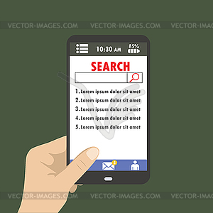 Hand holding smartphone on menu screen search - vector clipart