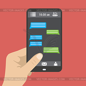 Hand holding black smartphone with blank speech - vector image