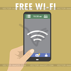 Hand holding smartphone with free wifi wireless - vector clipart