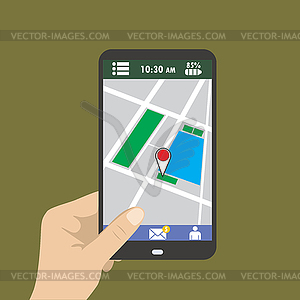 Hand holding smart phone, gps map on mobile - vector clip art