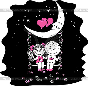 Love couple sitting at night on swing attached to - vector clipart